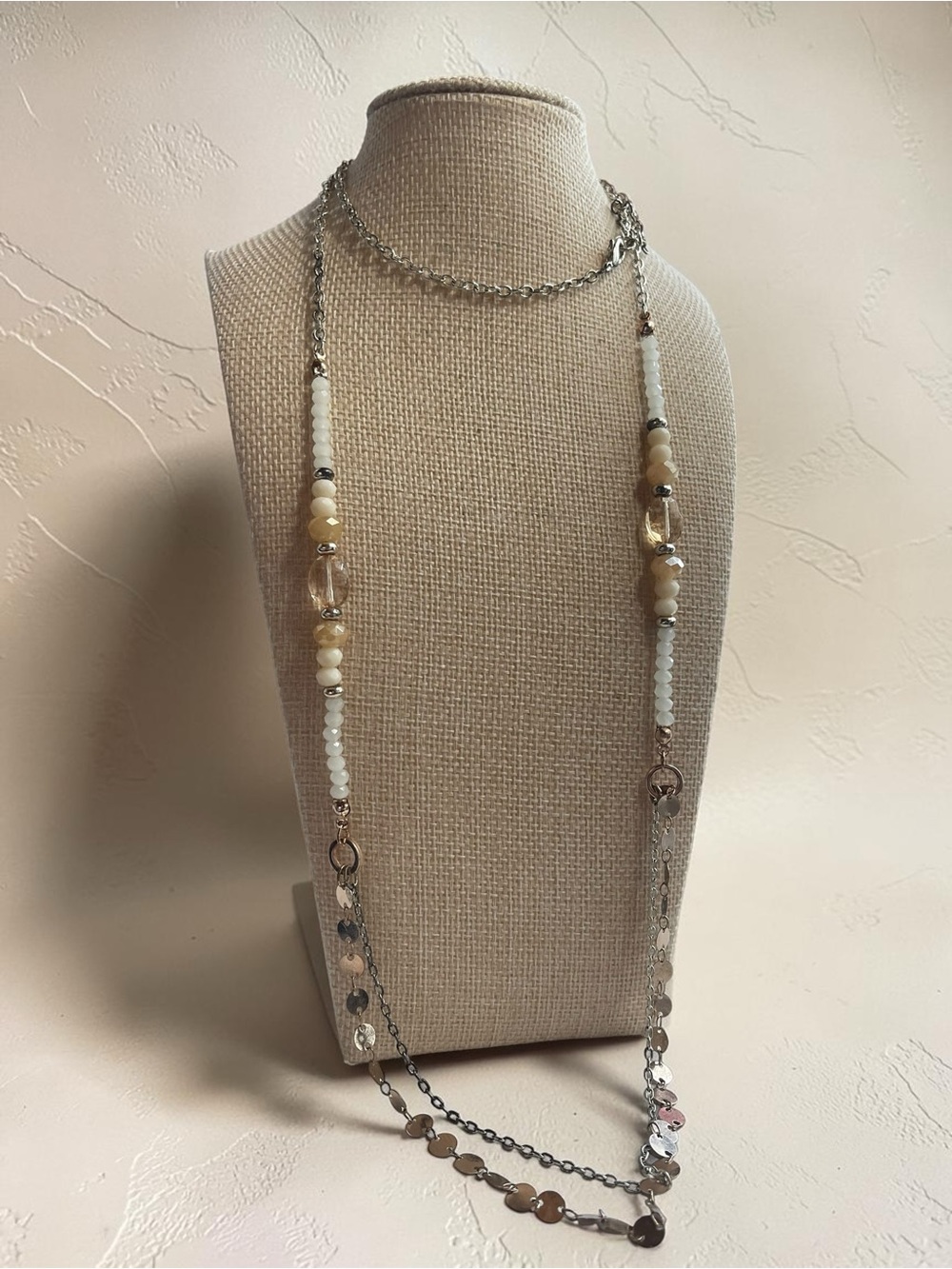 Mixed Metal Long Crystal Station Necklace Peach AB White crystal Beads